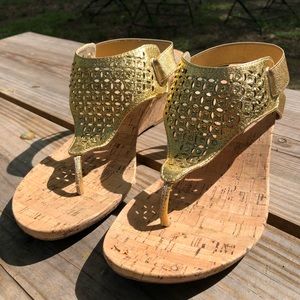 White Mountain Gold Rhinestone Cork Wedge Sandals